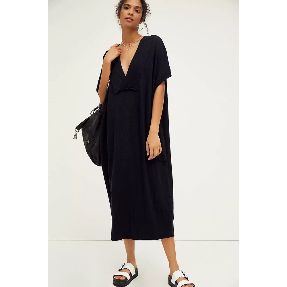 Free People Beach Sunshower Maxi Dress S Black Oversized Cotton Boho Slouchy